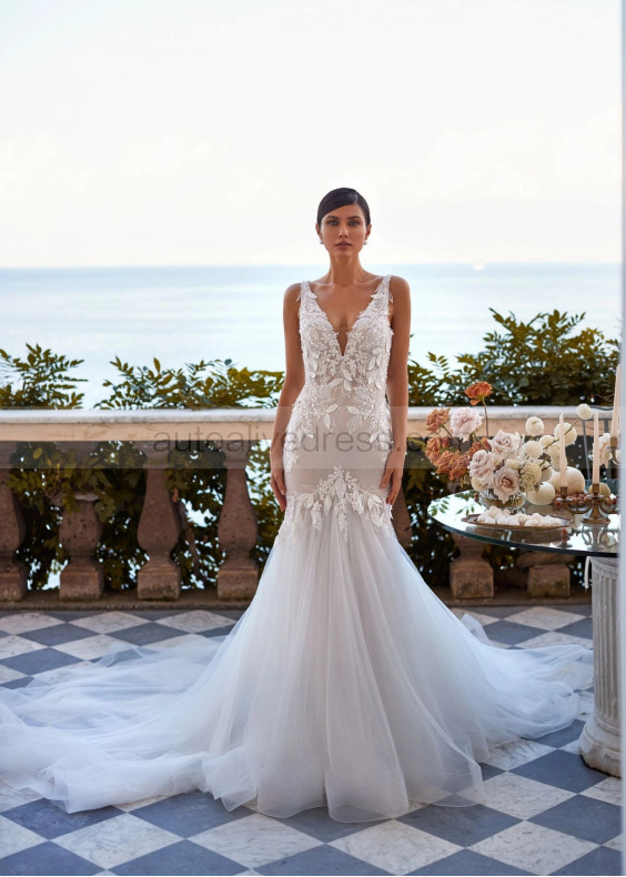 Beaded Ivory Lace Glitter Tulle Open Back Sexy Wedding Dress Beaded Ivory Lace Glitter Tulle Open Back Sexy Wedding Dress